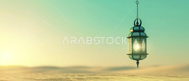 الاستعداد لاستقبال شهر رمضان المبارك ,إضاءة و زينة الاعياد والمناسبات الدينية، الكثبان الرملية والبيئة الصحراوية في المناطق البرية في المملكة العربية السعودية ,فانوس معدني معلق مزخرف وسط الرمال في وقت النهار