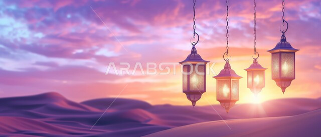 الكثبان الرملية والبيئة الصحراوية في المناطق البرية في المملكة العربية السعودية ,الاستعداد لاستقبال شهر رمضان المبارك ,إضاءة و زينة الاعياد والمناسبات الدينية، فوانيس معدنية معلقة مزخرفة مضيئة وسط الرمال وقت غروب الشمس