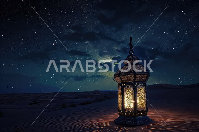 إضاءة و زينة الاعياد والمناسبات الدينية، فانوس معدني مزخرف مضيء وسط الرمال, الكثبان الرملية والبيئة الصحراوية في المناطق البرية في المملكة العربية السعودية ,الاستعداد لاستقبال شهر رمضان المبارك