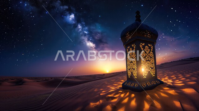 Decorations and lighting for holidays and religious occasions, preparing to welcome the holy month of Ramadan, a bright decorative metal lantern in the middle of the sand, sand dunes and the desert environment in the wild areas of the Kingdom of Saudi Arabia