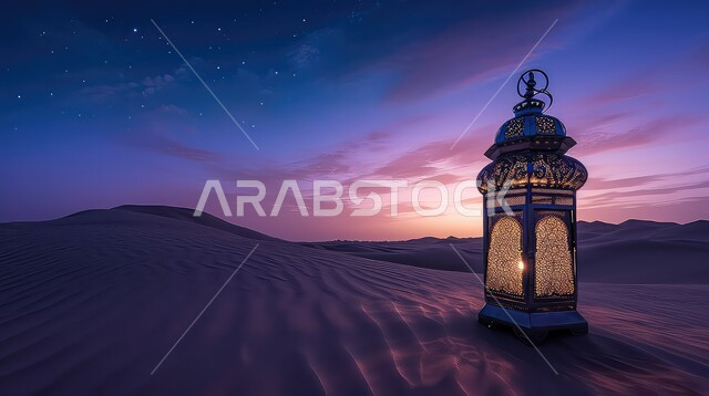 فانوس معدني مزخرف مضيء وسط الرمال، زينة و إضاءة الاعياد والمناسبات الدينية، الاستعداد لاستقبال شهر رمضان المبارك، الكثبان الرملية والبيئة الصحراوية في المناطق البرية في المملكة العربية السعودية