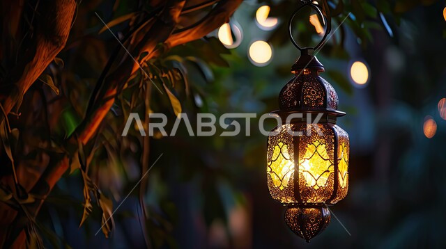 Preparing to welcome the month of goodness, celebrating holidays and religious occasions, Islamic decorations, antiques and lights, a traditional Arabic metal decorative lantern with luminous hanging, the spiritual atmosphere of the advent of the holy month of Ramadan, a 3D Ramadan background