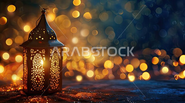 الاحتفال بالأعياد والمناسبات الدينية، ديكورات وتحف وأنوار اسلامية، الاستعداد لاستقبال شهر الخير، فانوس عربي تقليدي معدني مزخرف مضيئ، الأجواء الروحانية بقدوم شهر رمضان المبارك، خلفية رمضانية ثلاثية الأبعاد