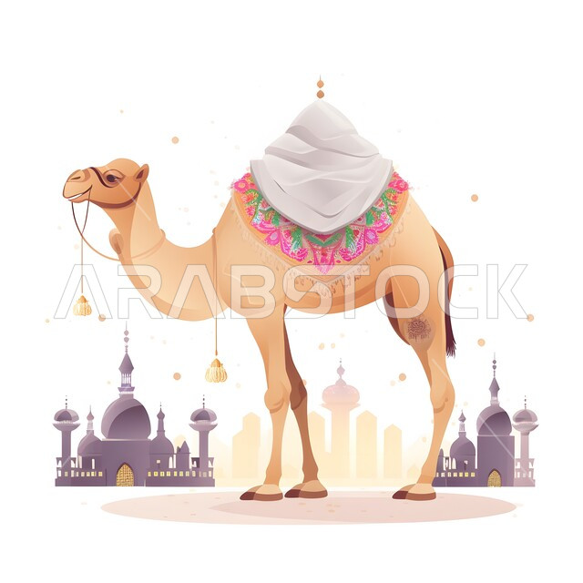 Happy Islamic holidays and occasions, the sacrifice of Eid al-Adha, raising livestock and animals in natural reserves, caring for mammals in the Kingdom, three-dimensional drawings of a pet camel in, a mosque background.