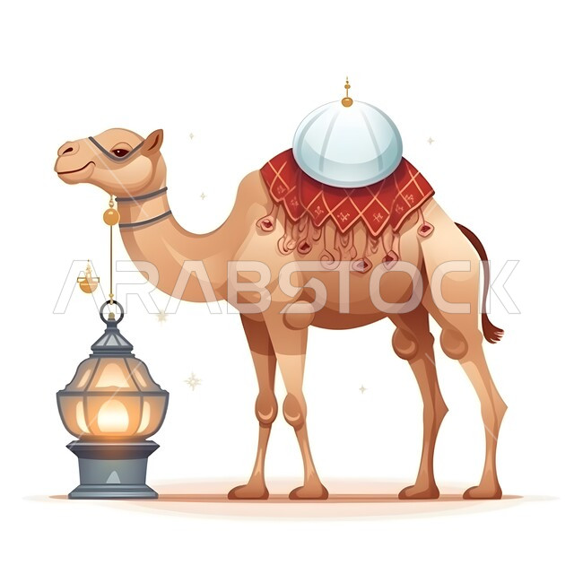 فانوس معدني مضيئ، الاحتفال بالأعياد والمناسبات الاسلامية ، قربان عيد الأضحى المبارك، تربية المواشي والحيوانات في المحميات الطبيعيه, الاهتمام بالثدييات في المملكة، رسومات ثلاثية الابعاد لحيوان الجمل الاليف, خلفية بيضاء