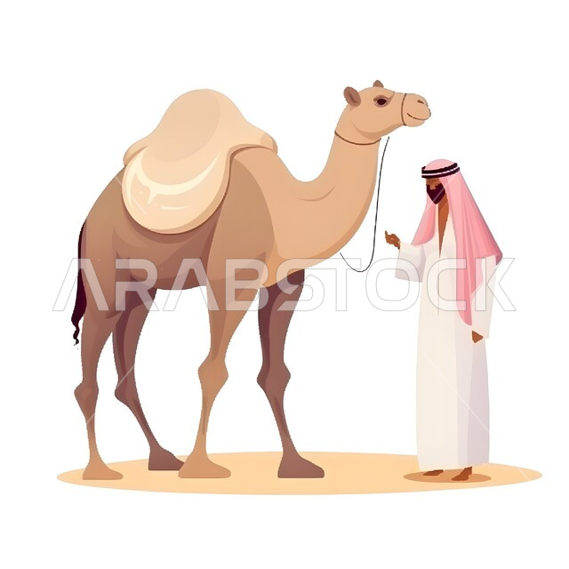 رسومات ثلاثية الابعاد لرجل عربي خليجي سعودي يرتدي الزي التقليدي ومعه حيوان الجمل الاليف, الاحتفال بالأعياد والمناسبات الاسلامية ، قربان عيد الأضحى المبارك، تربية المواشي والحيوانات في المحميات الطبيعيه, الاهتمام بالثدييات في المملكة، خلفية بيضاء