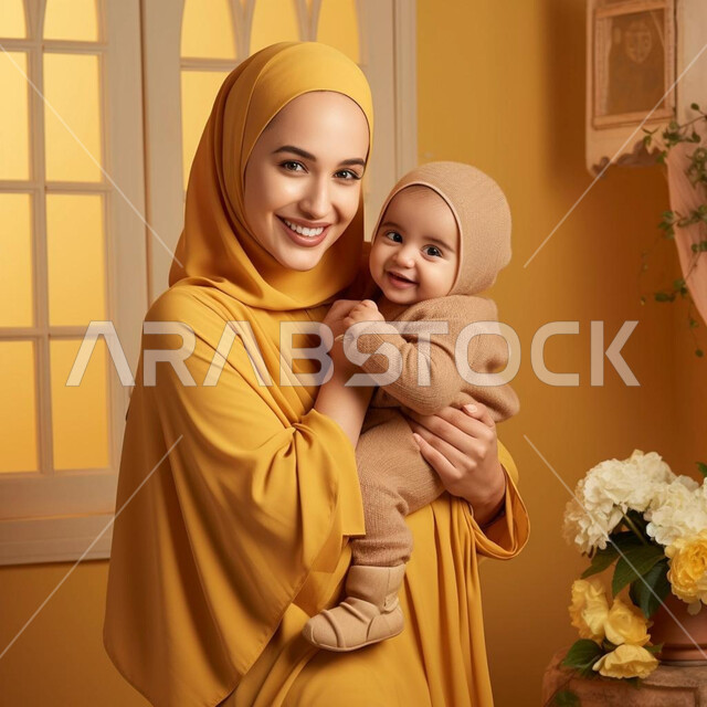 قضاء وقت ممتع مع الأبناء، تحمل المسؤولية والعناية بالأطفال، مفهوم حنان الأمهات، أم عربية خليجية سعودية محجبة مبتسمة تحمل طفلتها الرضيعة تمسك يدها وتحضنها بعطف وحب، مشاعر الأمومة والطفولة