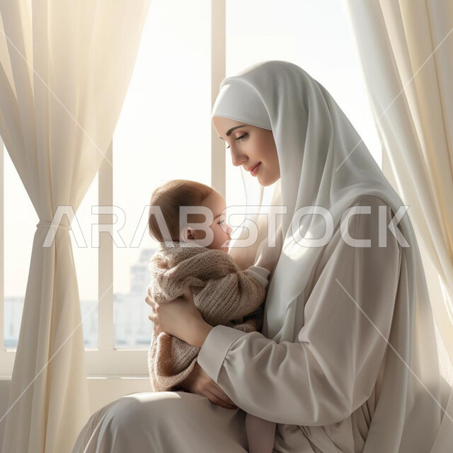 تحمل المسؤولية والعناية بالأطفال، مفهوم حنان الأمهات، قضاء وقت ممتع مع الأبناء، أم عربية خليجية سعودية محجبة مبتسمة تحمل طفلتها الرضيعة  تحضنها بعطف وحب، مشاعر الأمومة والطفولة، النوافذ الزجاجية الكبيرة تتخللها أشعة الشمس