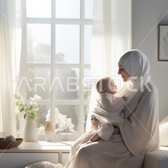 مفهوم حنان الأمهات، تحمل المسؤولية والعناية بالأطفال، قضاء وقت ممتع مع الأبناء، أم عربية خليجية سعودية محجبة مبتسمة تحمل طفلتها الرضيعة تحضنها بعطف وحب، مشاعر الأمومة والطفولة، النوافذ الزجاجية الكبيرة تتخللها أشعة الشمس