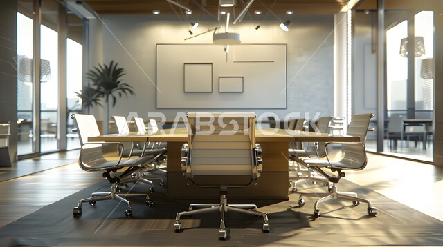 غرف مكتبية بتصاميم وديكورات داخلية فخمة، غرفة اجتماعات واسعة مع طاولة محاطة بكراسي، التصميم العصري الحديث للمكاتب في الشركات السعودية، النوافذ والواجهات الزجاجية