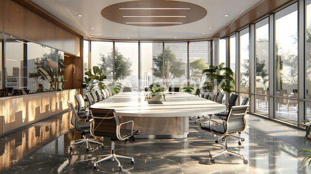 غرفة اجتماعات واسعة مع طاولة بيضاء محاطة بكراسي بنية، غرف مكتبية بتصاميم وديكورات داخلية فخمة، التصميم العصري الحديث للمكاتب في الشركات السعودية، النوافذ والواجهات الزجاجية