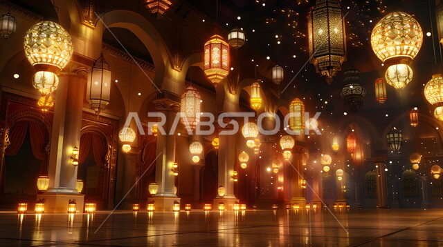 Traditional, decorated, illuminated metal lanterns hanging in the courtyard of the mosque, preparing to welcome the month of Ramadan, celebrating holidays and religious events, Islamic decorations, antiques and lights, the spiritual Ramadan atmosphere.