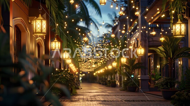  الاستعداد لاستقبال شهر رمضان، الاحتفال بالأعياد والمناسبات الدينية، ديكورات وتحف وأنوار اسلامية، فوانيس عربية تقليدية معدنية مزخرفة مضيئة معلقة في الشوارع، الأجواء الرمضانية الروحانية