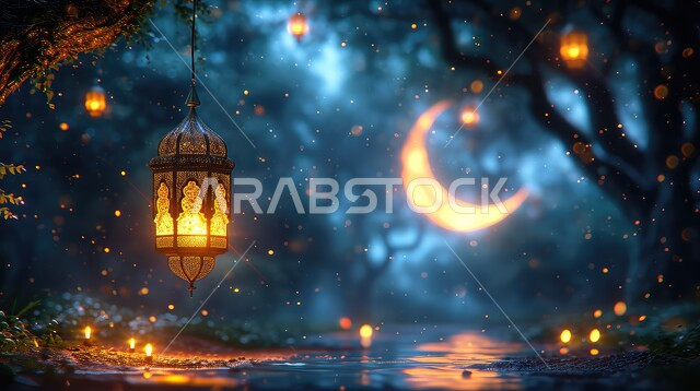 الأجواء الروحانيه بقدوم شهر رمضان المبارك، الاستعداد لاستقبال شهر الخير، الاحتفال بالأعياد والمناسبات الدينية، ديكورات وتحف وأنوار اسلامية، فانوس عربي تقليدي معدني مزخرف مضيئ معلق، خلفية رمضانية ثلاثية الأبعاد