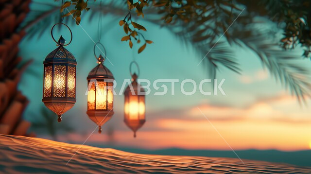 فوانيس معدنية مزخرفة مضيئة معلقة وقت غروب الشمس في المناطق البرية في المملكة العربية السعودية، الاستعداد لاستقبال شهر رمضان المبارك, الكثبان الرملية والبيئة الصحراوية ,زينة و إضاءة الاعياد والمناسبات الدينية