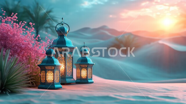 Preparing to welcome the holy month of Ramadan, sand dunes and the desert environment in the wild areas of the Kingdom of Saudi Arabia, a decorative metal lantern illuminated in the middle of the sand in the spring atmosphere at sunset, decorations and lighting for holidays and religious occasions.