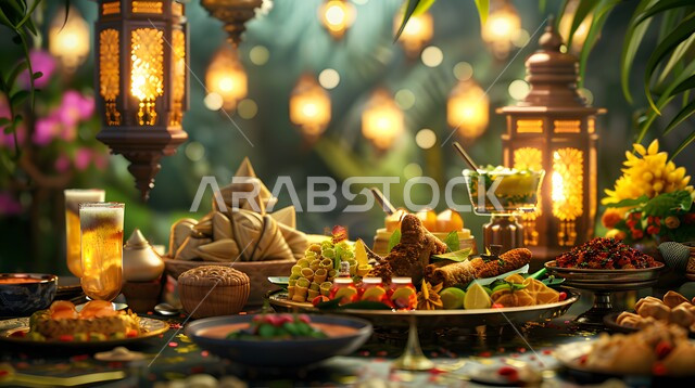 سفرة رمضانية مليئة باصناف مختلفة من المأكولات الشرقية الشهية، الاحتفال بقدوم شهر رمضان المبارك، فوانيس معدنية تقليدية مضاءة على طاولة افطار