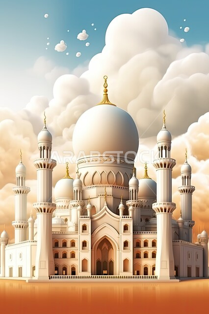 الفن الهندسي المعماري للمساجد، مفهوم العبادة والتقرب إلى الله، مجسمات ثلاثية الابعاد للقبب والمآذن المتميزة، تصاميم و ديكورات على الطراز الاسلامي باللون الابيض، خلفية السماء الزرقاء مع الغيوم البيضاء