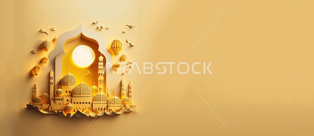 Ramadan religious backgrounds, three-dimensional models of distinctive domes and minarets, Islamic-style designs and decorations in golden color, the concept of worship and closeness to God, architectural engineering art for mosques