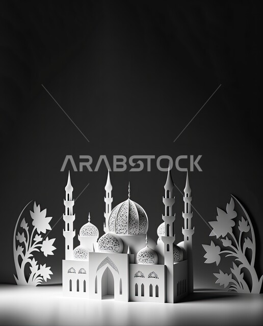 تصاميم و ديكورات على الطراز الاسلامي باللون الابيض، الفن الهندسي المعماري للمساجد، مفهوم العبادة والتقرب إلى الله، صورة بالابيض و الاسود لمجسمات ثلاثية الابعاد للقبب والمآذن المتميزة، خلفيات دينية رمضانية