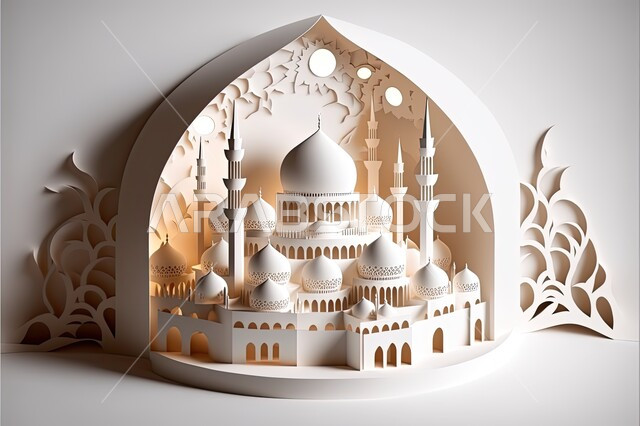 Ramadan religious backgrounds, three-dimensional models of distinct domes and minarets, Islamic-style designs and decorations in white, the concept of worship and closeness to God, architectural engineering art for mosques