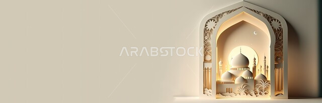 Ramadan religious backgrounds, three-dimensional models of distinct domes and minarets, Islamic-style designs and decorations in white, the concept of worship and closeness to God, architectural engineering art for mosques