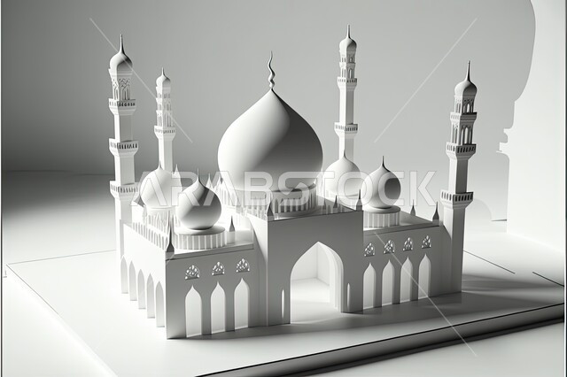 مجسمات ثلاثية الابعاد للقبب والمآذن المتميزة، تصاميم و ديكورات على الطراز الاسلامي باللون الابيض، مفهوم العبادة والتقرب إلى الله، الفن الهندسي المعماري للمساجد، خلفيات دينية رمضانية