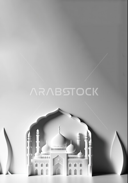 مجسمات ثلاثية الابعاد للقبب والمآذن المتميزة، تصاميم و ديكورات على الطراز الاسلامي باللون الابيض، مفهوم العبادة والتقرب إلى الله، الفن الهندسي المعماري للمساجد، خلفيات دينية رمضانية