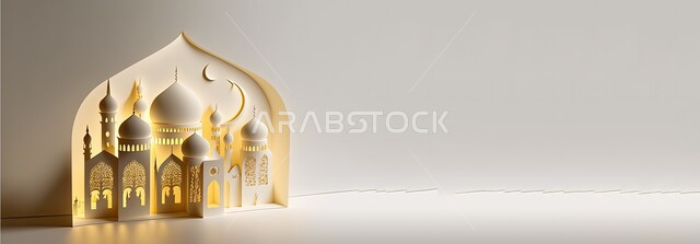 الفن الهندسي المعماري للمساجد، مفهوم العبادة والتقرب إلى الله، مجسمات ثلاثية الابعاد للقبب والمآذن المتميزة، تصاميم و ديكورات على الطراز الاسلامي باللون الابيض، خلفية السماء الزرقاء مع الغيوم البيضاء