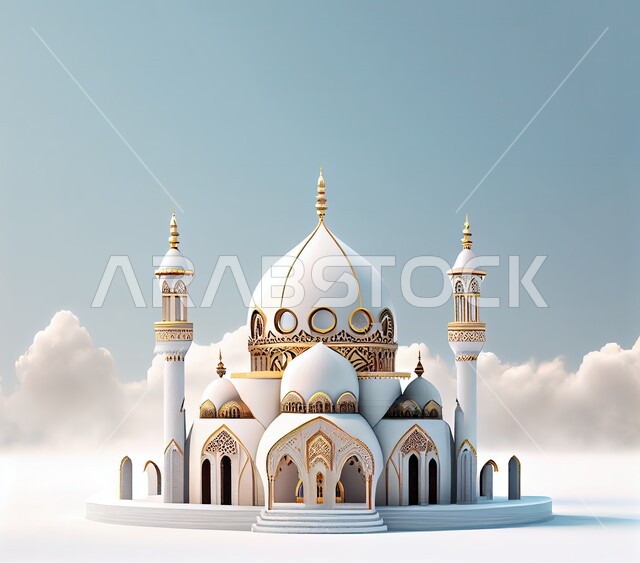 The concept of worship and closeness to God, three-dimensional models of distinct domes and minarets, Islamic-style designs and decorations in white, architectural engineering art of mosques, blue sky background with white clouds