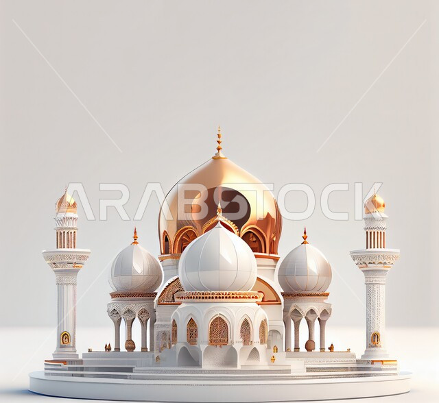 الفن الهندسي المعماري للمساجد، مفهوم العبادة والتقرب إلى الله، مجسمات ثلاثية الابعاد للقبب والمآذن المتميزة، تصاميم و ديكورات على الطراز الاسلامي باللون الابيض، خلفية السماء الزرقاء مع الغيوم البيضاء