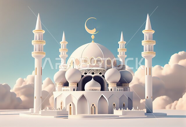 مفهوم العبادة والتقرب إلى الله، مجسمات ثلاثية الابعاد للقبب والمآذن المتميزة، تصاميم و ديكورات على الطراز الاسلامي باللون الابيض، الفن الهندسي المعماري للمساجد، خلفية السماء الزرقاء مع الغيوم البيضاء