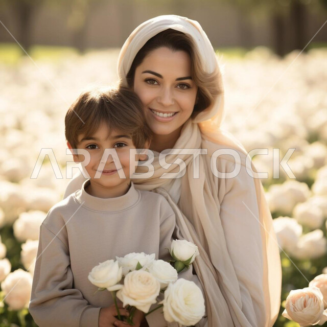 النظر الى الكاميرا بايماءات السعادة والسرور ، مشاعر الحب و العاطفة , صورة مقربة لأم عربية خليجية إماراتية محجبة تحضن ابنها بحنان، مفهوم الأمومة والطفولة، قضاء أوقات عائلية ممتعة في بستان مليء بالزهور البيضاء, 