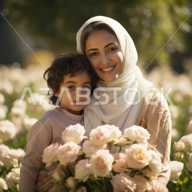 Feelings of love and affection, spending enjoyable family times in an orchard full of white flowers, a close-up photo of a veiled Arab Gulf Emirati mother hugging her son tenderly, the concept of motherhood and childhood, looking at the camera with gestures of happiness and pleasure.