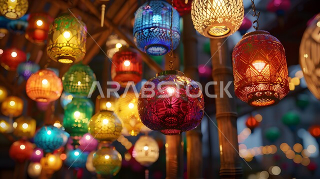 فوانيس تقليدية معدنية مزخرفة مضيئة معلقة، الاستعداد لاستقبال شهررمضان المبارك، الاحتفال بالأعياد والمناسبات الدينية، ديكورات وتحف وأنوار اسلامية، الأجواء رمضانية الروحانية