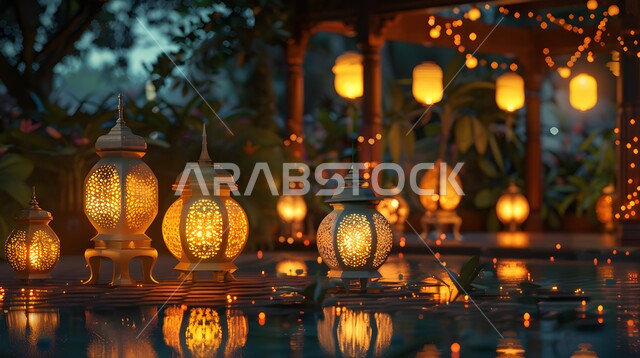 Celebrating religious holidays and occasions, traditional illuminated metal decorative lanterns, preparing to welcome the holy month of Ramadan, Islamic decorations, antiques and lights, the spiritual Ramadan atmosphere.