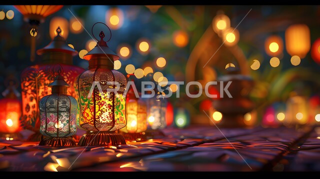 The spiritual Ramadan atmosphere, celebrating religious holidays and occasions, traditional illuminated metal decorative lanterns, preparing to welcome the holy month of Ramadan, Islamic decorations, antiques and lights.