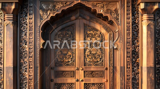Ornate religious designs and decorations, the architectural art of mosques in the Kingdom of Saudi Arabia, a close-up of a carved wooden gate to a mosque, worship and getting closer to God