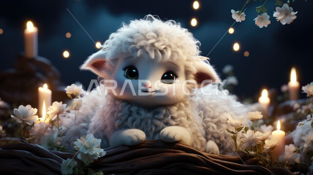 A three-dimensional model of a domestic ram, interest in growing green plants and trees, raising livestock and animals in natural reserves, three-dimensional diagrams of a white ewe, Eid al-Adha sheep, nature background.