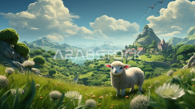 الاهتمام في زراعة النباتات و الاشجار الخضراء, تربية المواشي والحيوانات في المحميات الطبيعيه ,رسوم بيانية ثلاثية الابعاد لنعجة بيضاء, غنم عيد الأضحى المبارك, مجسم ثلاثي الابعاد لكبش أليف, خلفية الطبيعه