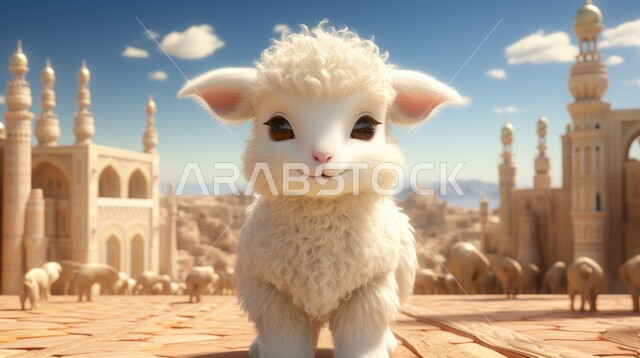 رسوم بيانية ثلاثية الابعاد لنعجة بيضاء مبتسمة, غنم عيد الأضحى المبارك, مجسم ثلاثي الابعاد لكبش أليف, تربية المواشي والحيوانات في المحميات الطبيعيه, خلفية المساجد الاسلامية