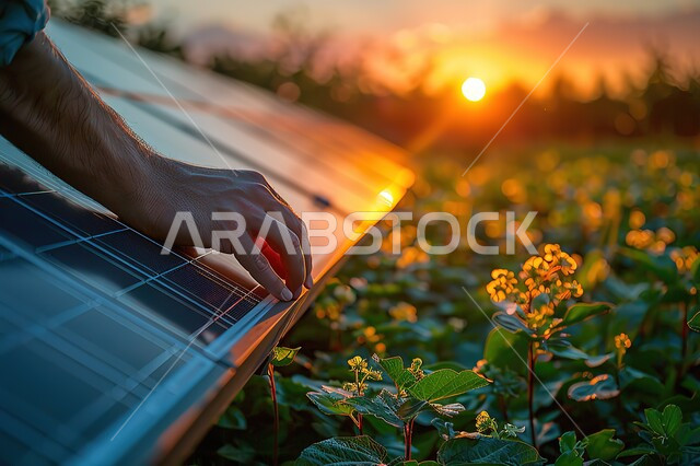 توليد الكهرباء باستخدام الطاقة البديلة, محطات الطاقات المتجددة، الواح وستلايت انتاج الطاقة الكهروضوئية, صورة مقربة للألواح الشمسية في الغروب