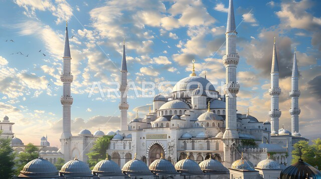Three-dimensional models of distinct domes and minarets, the concept of worship and closeness to God, designs and decorations in the Islamic style, the architectural art of mosques, a sky full of clouds and white clouds.
