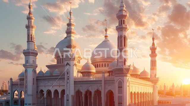 السماء المليئة بالسحب والغيوم البيضاء في وقت الغروب، مجسمات ثلاثية الابعاد للقبب والمآذن المتميزة، مفهوم العبادة والتقرب إلى الله، تصاميم و ديكورات على الطراز الاسلامي، الفن الهندسي المعماري للمساجد