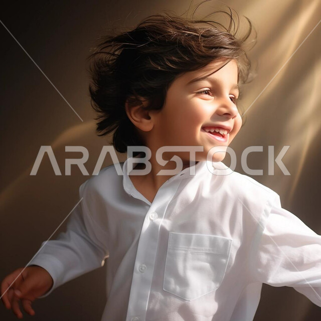 The joy and delight of children on the Happy Eid, the reflection of the sun’s rays on the boy’s face, gestures of enthusiasm and happiness, a Saudi Arabian Gulf boy wearing the traditional dress, preparation and preparation for celebrating happy Islamic holidays and occasions.