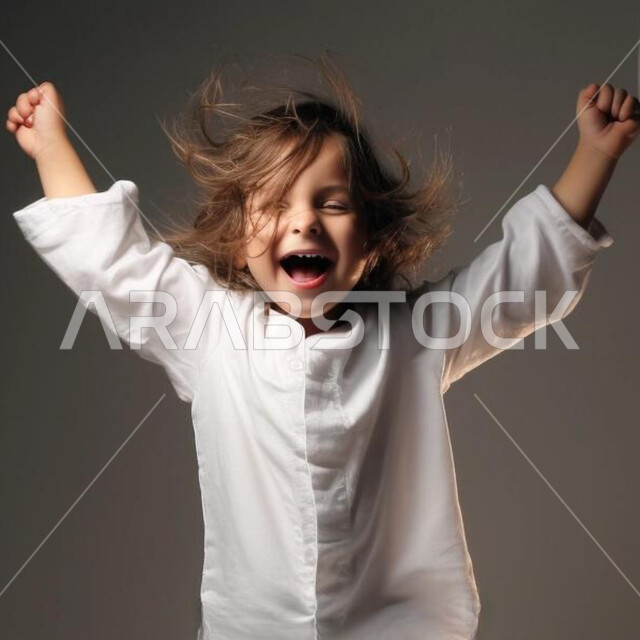 Raising hands with gestures of enthusiasm and happiness, joy and joy of children over the Happy Eid, close-up portrait of a Saudi Gulf Arab boy wearing a traditional dress, preparation and preparation for celebrating happy Islamic holidays and occasions, brown background