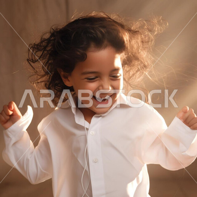 انعكاس أشعة الشمس على وجه الصبي، رفع اليدين بايماءات الحماس والسعادة، بهجه وفرحة الأطفال بالعيد السعيد، ولد عربي خليجي سعودي يرتدي الثوب التقليدي، التحضير والتجهيز للاحتفال بالأعياد والمناسبات الإسلامية السعيدة