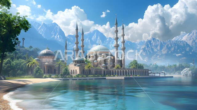 A three-dimensional model of an ancient mosque in the middle of a lake, a sky full of clouds and white clouds, distinct domes and minarets, the concept of worship and closeness to God, designs and decorations in the Islamic style, the architectural engineering art of mosques