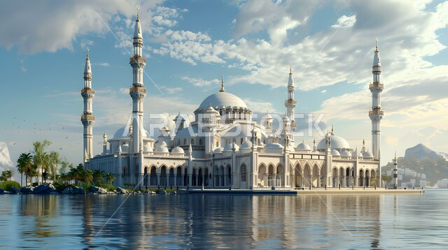 The architectural engineering art of mosques, designs and decorations in the Islamic style, a three-dimensional model of an ancient mosque in the middle of a lake, a sky full of clouds and white clouds, distinct domes and minarets, the concept of worship and getting closer to God.