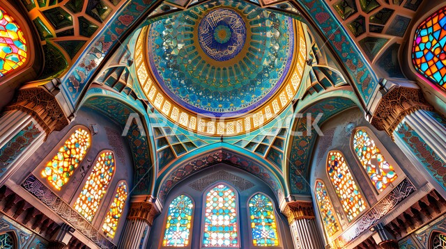 نوافذ مزخرفة بنمط الارابيسك العربي التقليدي، صورة من الداخل لقبة مسجد، الفن الهندسي المعماري للمساجد، مفهوم العبادة والتقرب إلى الله